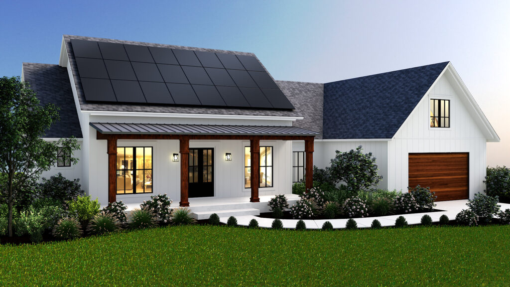 Front view of a house with solar panels