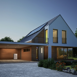 Front view of a beautiful house with solar panels